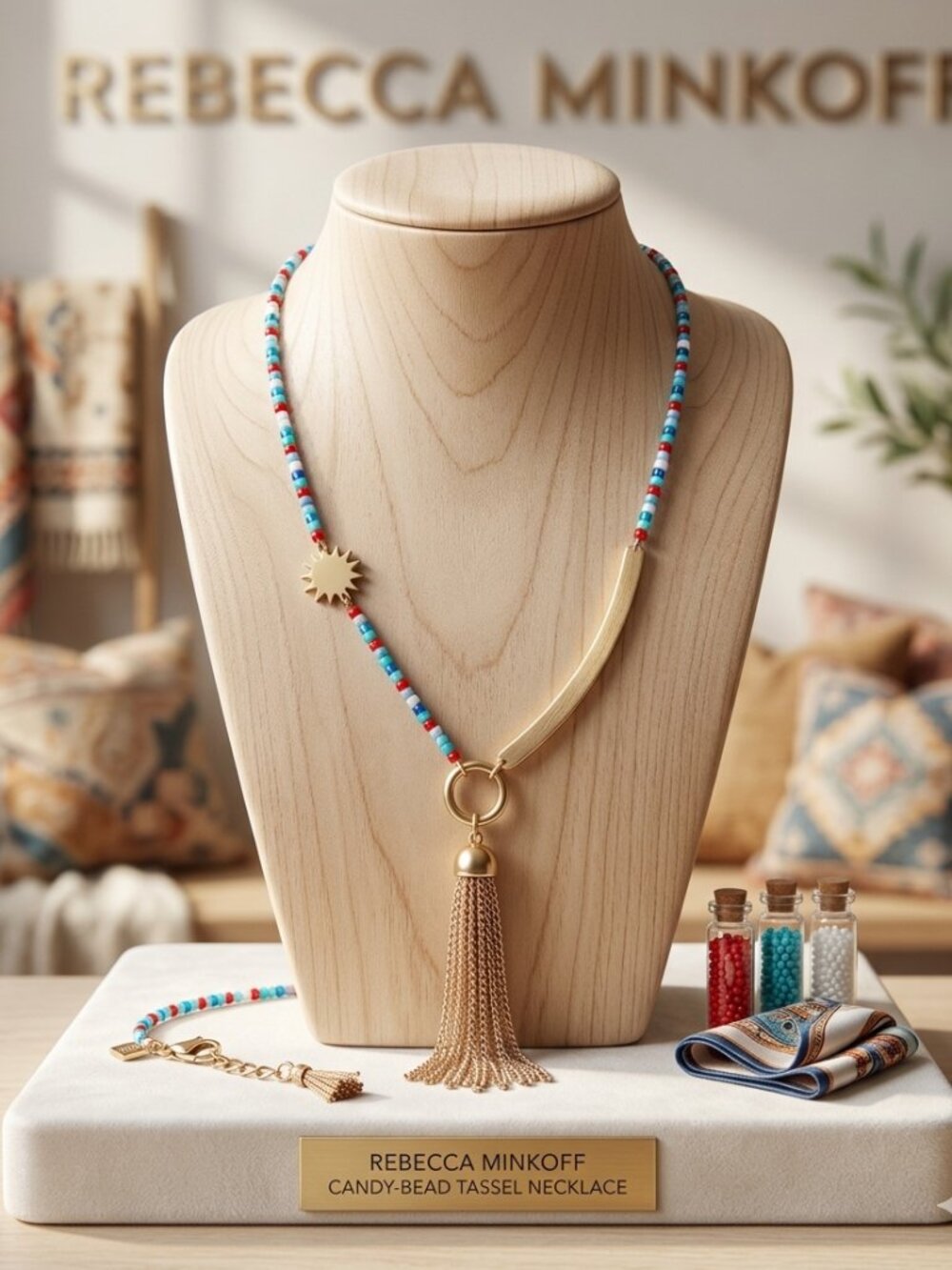 Candy-colored seed beads suspend brushed golden charms and a breezy chain tassel